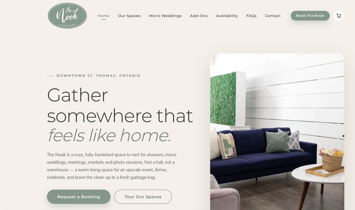 The Nook redesign — sage & cream palette with a 'feels like home' hero and clear booking paths